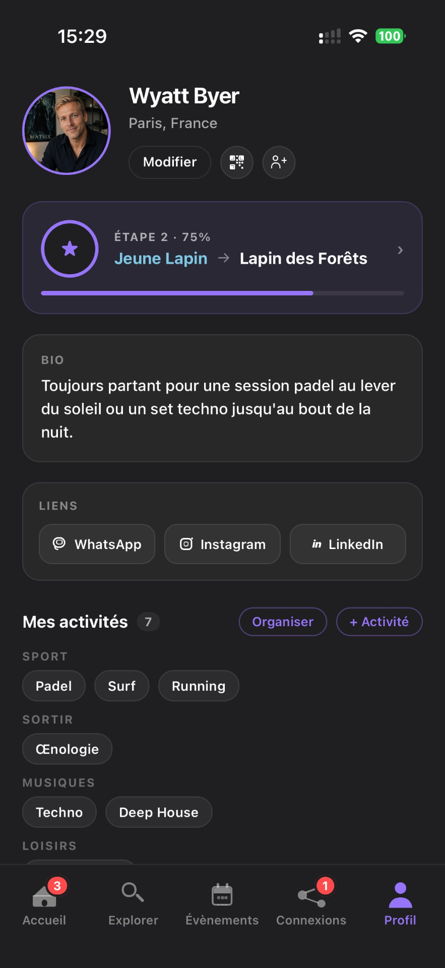 Écran Profil de l'application Moora