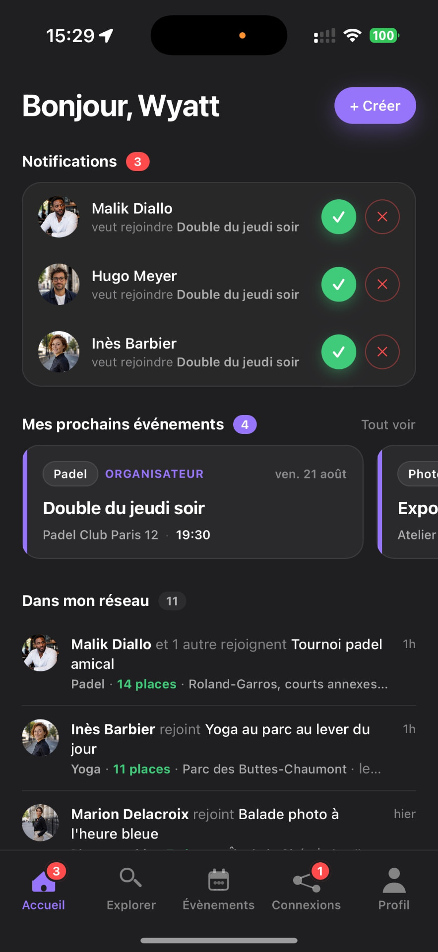 Écran Accueil de l'application Moora