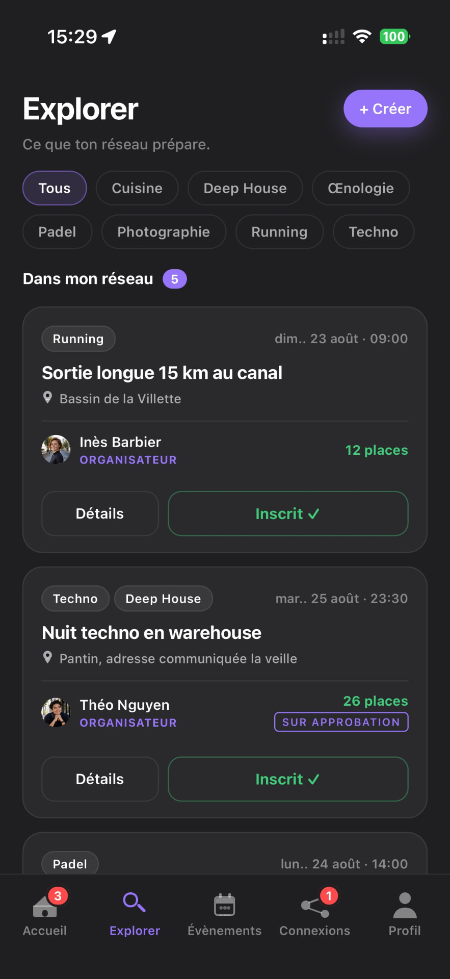 Écran Explorer de l'application Moora